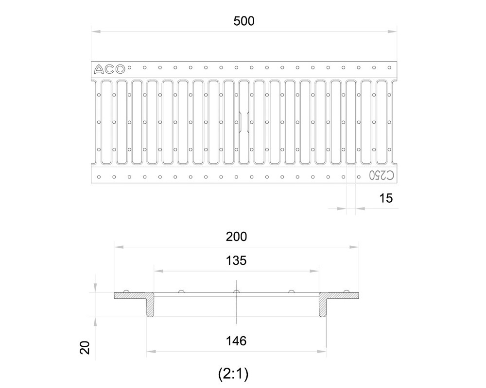 Reja pasarela anti-tacón fundición ACO DRAIN N150/SELF200 L500 C250