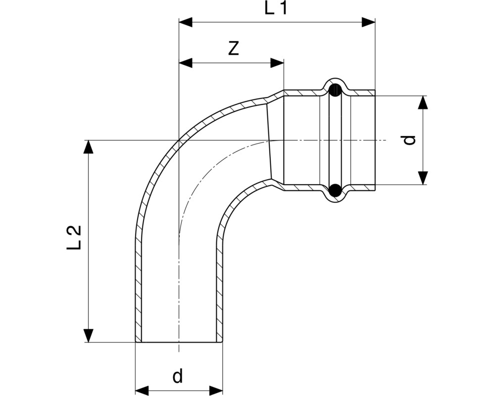 Codo prensado 90° inoxidable macho-hembra Sanpress Viega 2316.1