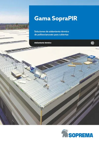 Portada del catálogo Gama SopraPIR de Soprema: aislamiento térmico de poliisocianurato para cubiertas
